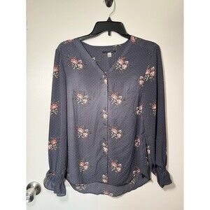 Tahari Navy Floral Micro Dot Boho Long Sleeved Blouse Cottage Ruffle Cuff